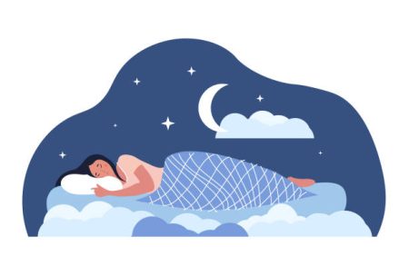 Sweet dreams concept. Girl lies in bed and sleeps. Recuperation, night, rest. Character in pile of comfortable apartment. Bedtime, healthy lifestyle, pijama. Cartoon flat vector illustration